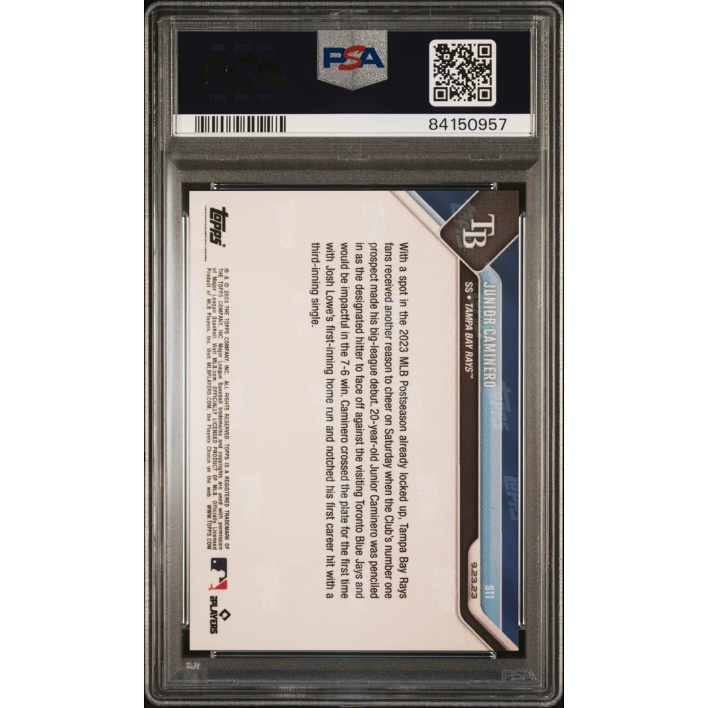 Graded baseball card in protective slab by PSA Gem Mint 10 Junior Caminero sports authenticator