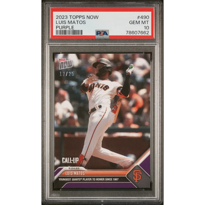Graded 2023 Topps Now Luis Matos #490 Purple #/25 Rookie RC Baseball Card PSA 10 Gem Mint | Hall of Fame Sports Memorabilia | vintageantiquesgifts.com