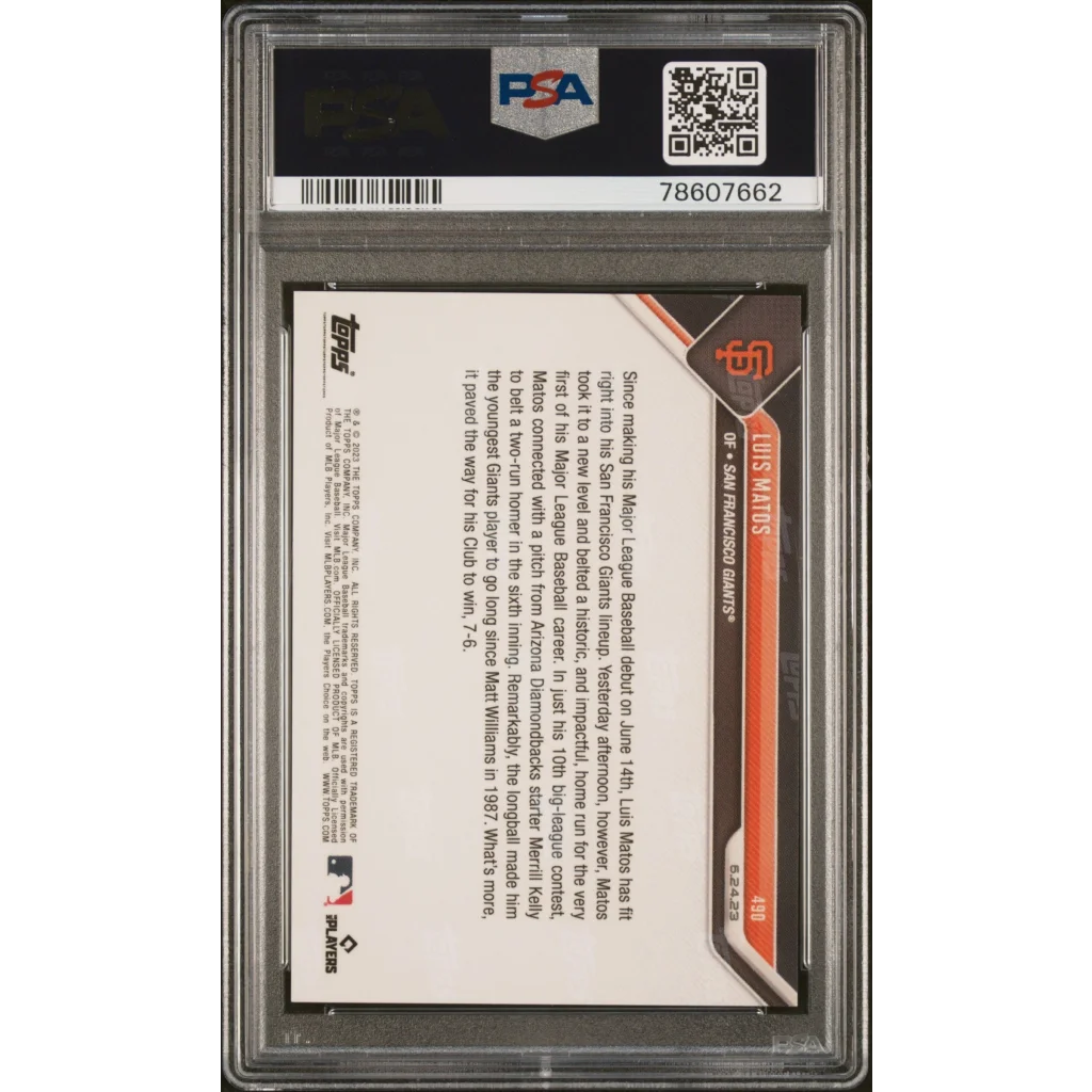 Graded 2023 Topps Now Luis Matos #490 Purple #/25 Rookie RC Baseball Card PSA 10 Gem Mint | PSA 10 Gem Mint Graded Rookie Card | vintageantiquesgifts.com