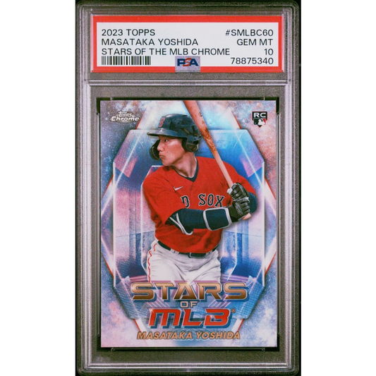 A graded Masataka Yoshida baseball card in a PSA Collectible display
