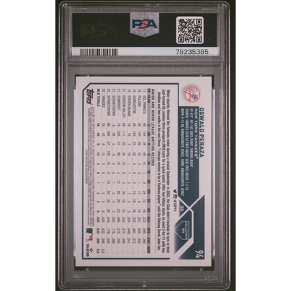 Graded 2023 Topps Oswald Peraza Silver Foil Baseball Card in PSA holder
