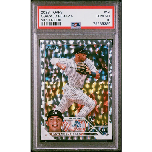 Graded 2023 Topps Oswald Peraza #94 Silver Foil Rookie RC Baseball Card PSA 10 Gem Mint | Hall of Fame Sports Memorabilia | vintageantiquesgifts.com