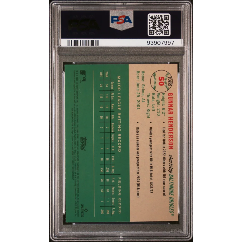 Graded 2023 Topps Platinum Anniversary Gunnar Henderson #50 Rookie RC Baseball Card PSA 10 Gem Mint | PSA 10 Gem Mint Graded Rookie Card | vintageantiquesgifts.com