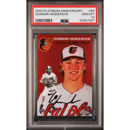 Graded 2023 Topps Platinum Anniversary Gunnar Henderson #50 Rookie RC Baseball Card PSA 10 Gem Mint | Hall of Fame Sports Memorabilia | vintageantiquesgifts.com