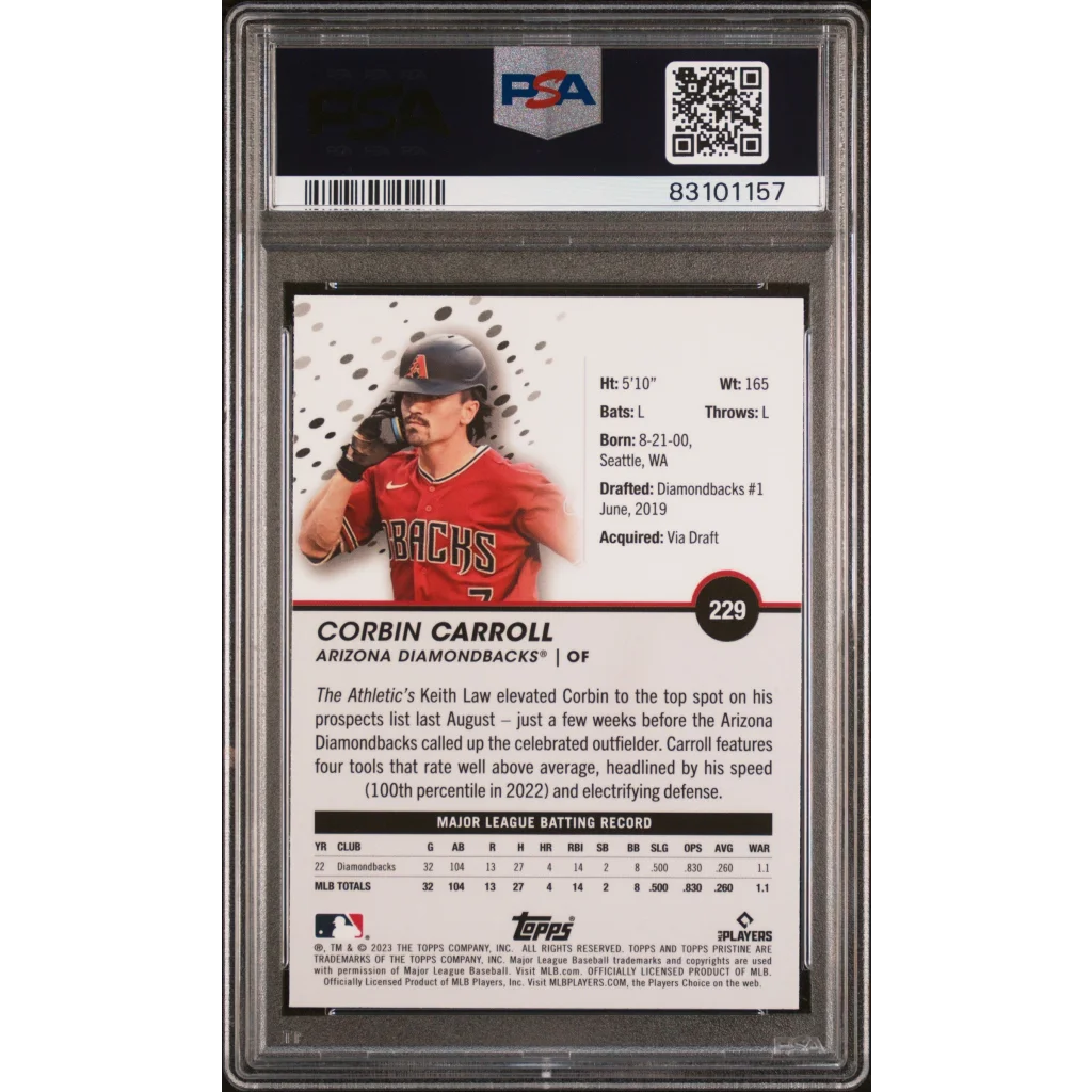 Graded 2023 Topps Pristine Corbin Carroll #229 Rookie RC Baseball Card PSA 10 Gem Mint | PSA 10 Gem Mint Graded Rookie Card | vintageantiquesgifts.com