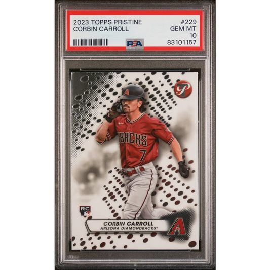 A graded PSA Gem Mint 10 2023 Topps Pristine Corbin Carroll baseball card