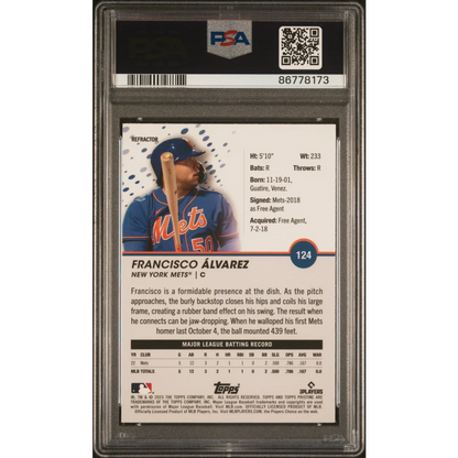 Graded 2023 Topps Pristine Francisco Alvarez #124 Refractor Rookie RC Baseball Card PSA 10 Gem Mint | PSA 10 Gem Mint Graded Rookie Card | vintageantiquesgifts.com
