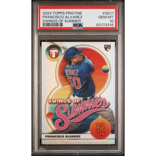 Close-up of PSA 10 Francisco Alvarez Swings of Summer Pristine Gem Mint baseball card