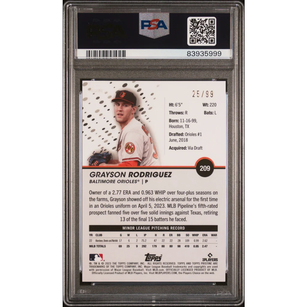 Graded 2023 Topps Pristine Grayson Rodriguez #209 Purple #/99 Rookie RC Baseball Card PSA 10 Gem Mint | PSA 10 Gem Mint Graded Rookie Card | vintageantiquesgifts.com