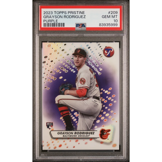 Graded 2023 Topps Pristine Purple Grayson Rodriguez Baseball Card in PSA holder