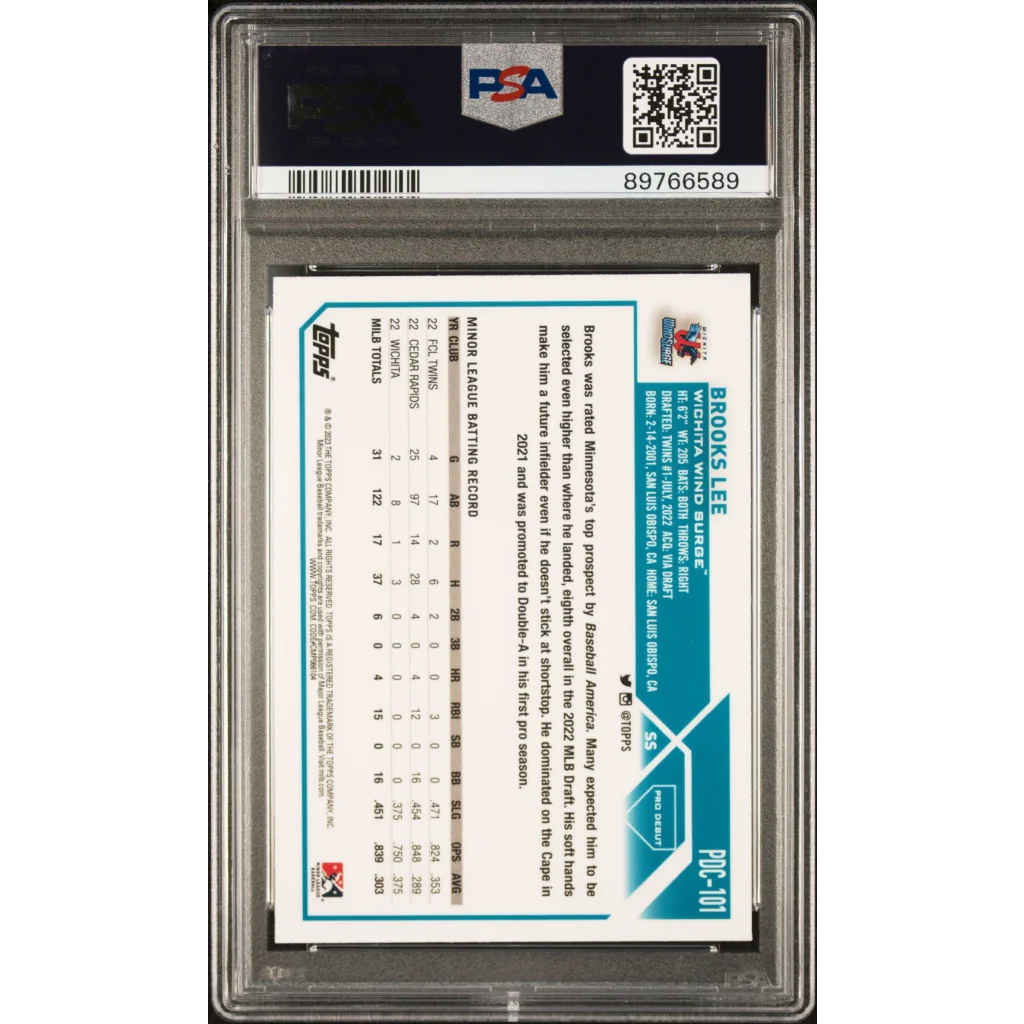 Encased 2023 Topps Chrome Brooks Lee Rookie Card with PSA grading label