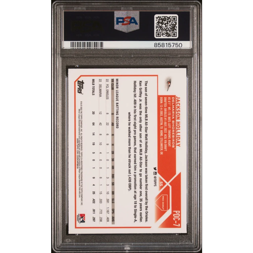 Graded 2023 Topps Pro Debut Jackson Holliday #PDC7 Chrome Rookie RC Baseball Card PSA 10 Gem Mint | PSA 10 Gem Mint Graded Rookie Card | vintageantiquesgifts.com