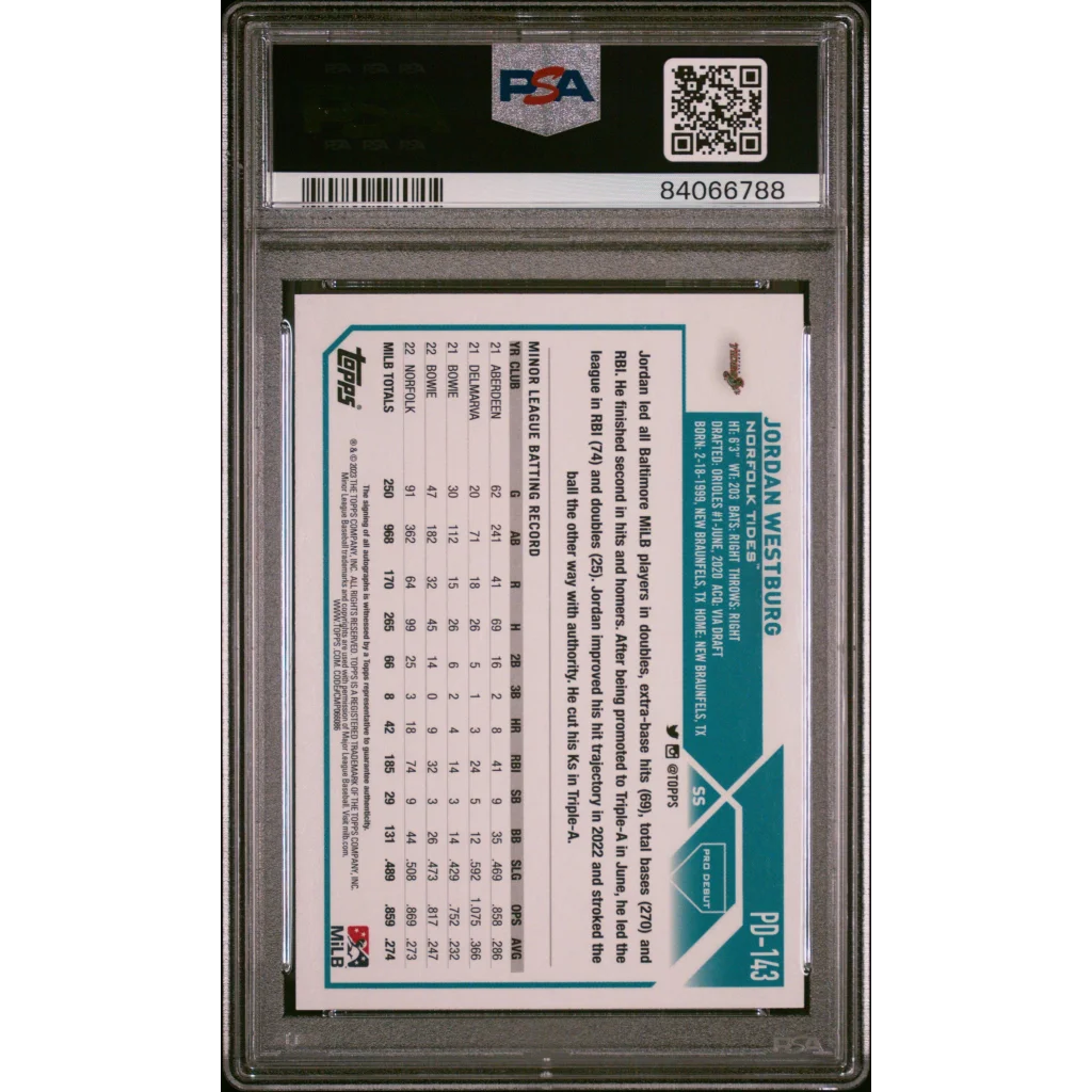 Encased Jordan Westburg baseball card by PSA graded by professional sports authenticator