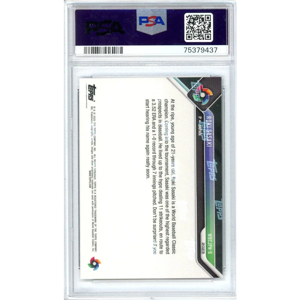 Graded Roki Sasaki 2023 Topps Now WBC Champions Baseball Card in PSA case