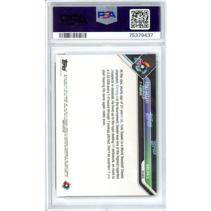 Graded Roki Sasaki 2023 Topps Now WBC Champions Baseball Card in PSA case