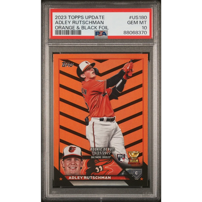 Graded 2023 Topps Update Adley Rutschman #US180 Orange & Black Foil Rookie RC Baseball Card PSA 10 Gem Mint | Hall of Fame Sports Memorabilia | vintageantiquesgifts.com