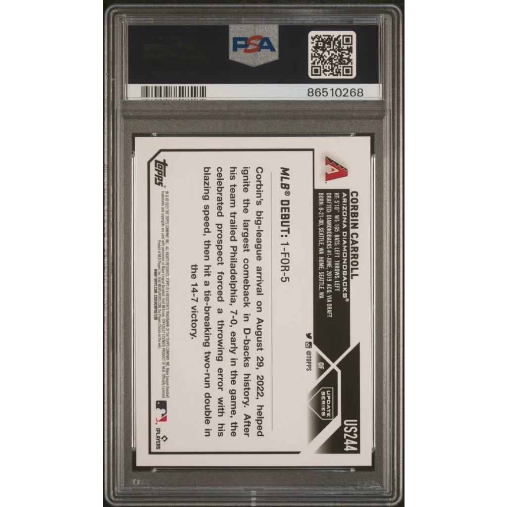 Graded 2023 Topps Update Corbin Carroll #US244 Rookie RC Baseball Card PSA 10 Gem Mint | PSA 10 Gem Mint Graded Rookie Card | vintageantiquesgifts.com