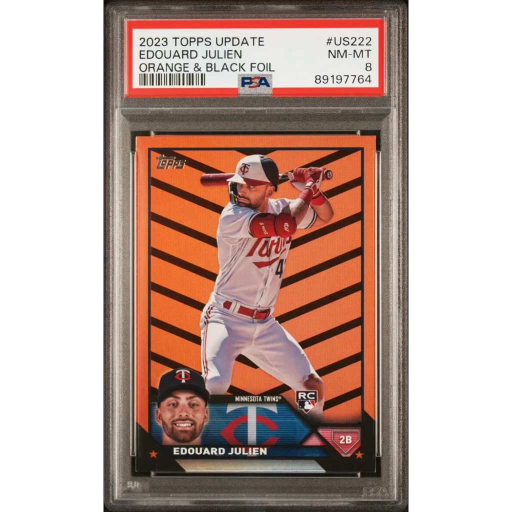 PSA graded 2023 Edouard Julien Orange Black Foil baseball card in product display