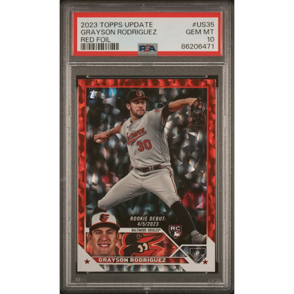 Graded 2023 Topps Update Grayson Rodriguez #US35 Red Foil #/199 Rookie RC Baseball Card PSA 10 Gem Mint | Hall of Fame Sports Memorabilia | vintageantiquesgifts.com
