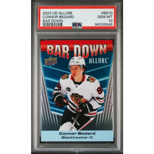 Graded 2023 Upper Deck Allure Connor Bedard #BD10 Bar Down Rookie RC Hockey Card PSA 10 Gem Mint | Hall of Fame Sports Memorabilia | vintageantiquesgifts.com