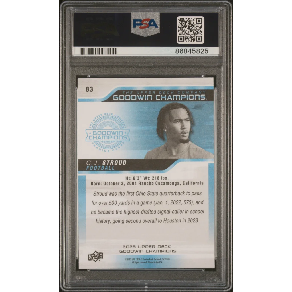Graded 2023 Upper Deck Goodwin Champions CJ Stroud #83 Rookie RC Football Card PSA 10 Gem Mint | PSA 10 Gem Mint Graded Rookie Card | vintageantiquesgifts.com