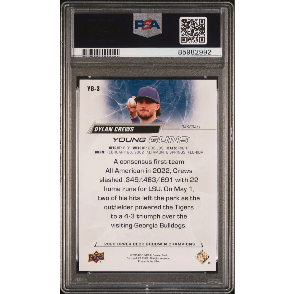 Graded 2023 Upper Deck Goodwin Champions Dylan Crews #YG3 Young Guns Rookie RC Baseball Card PSA 10 Gem Mint | PSA 10 Gem Mint Graded Rookie Card | vintageantiquesgifts.com