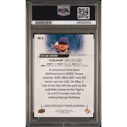 Graded 2023 Upper Deck Goodwin Champions Dylan Crews #YG3 Young Guns Rookie RC Baseball Card PSA 10 Gem Mint | PSA 10 Gem Mint Graded Rookie Card | vintageantiquesgifts.com