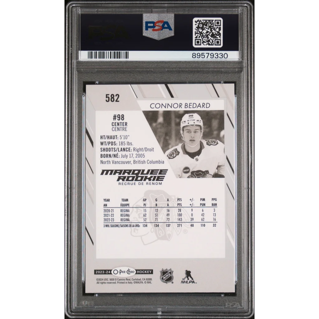 Graded 2023 Upper Deck O-pee-Chee Connor Bedard #582 Rookie RC Hockey Card PSA 10 Gem Mint | PSA 10 Gem Mint Graded Rookie Card | vintageantiquesgifts.com