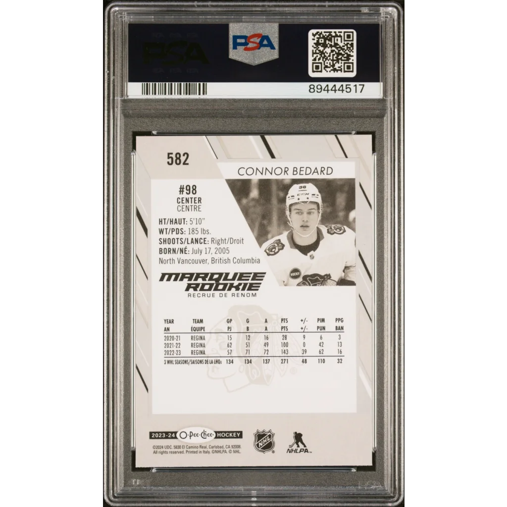 Gem mint Connor Bedard hockey trading card from Upper Deck PSA 10 Rookie Card