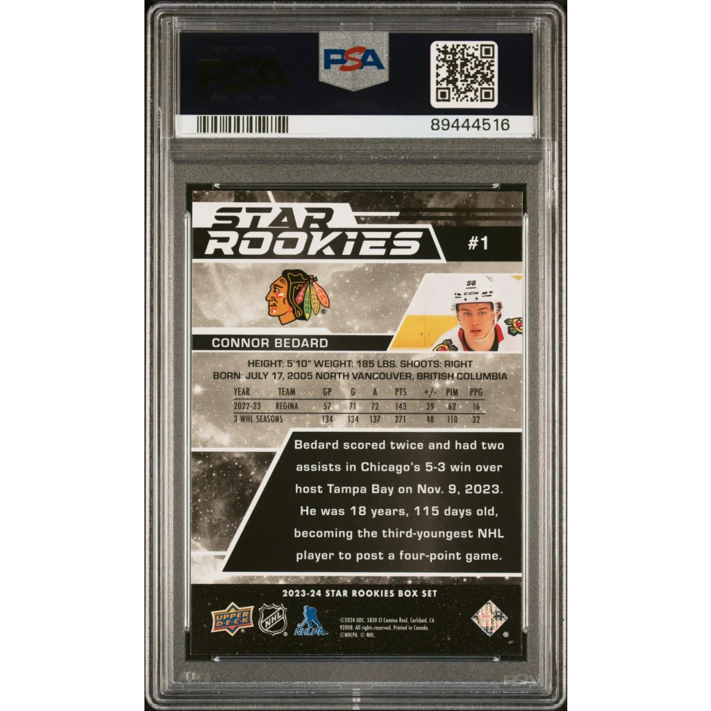 Graded 2023 Upper Deck Star Rookies Connor Bedard #1 Box Set Rookie RC Hockey Card PSA 10 Gem Mint | PSA 10 Gem Mint Graded Rookie Card | vintageantiquesgifts.com