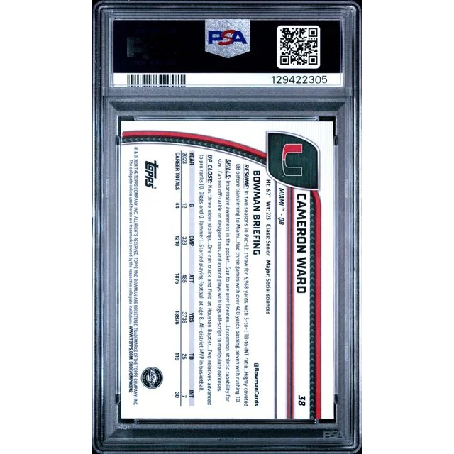 Graded 2024 Bowman U Chrome Cam Ward #38 X-Fractor Rookie RC Football Card PSA 10 Gem Mint | PSA 10 Gem Mint Graded Rookie Card | vintageantiquesgifts.com