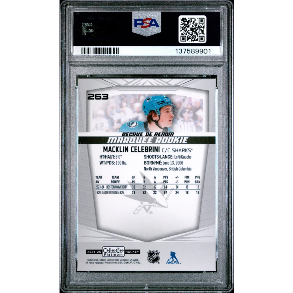 Graded 2024 O-Pee-Chee Platinum Macklin Celebrini #263 Rookie RC Hockey Card PSA 10 Gem Mint | PSA 10 Gem Mint Graded Rookie Card | vintageantiquesgifts.com