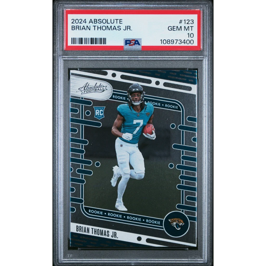 A graded 2024 Absolute Brian Thomas Jr. rookie football card in PSA case