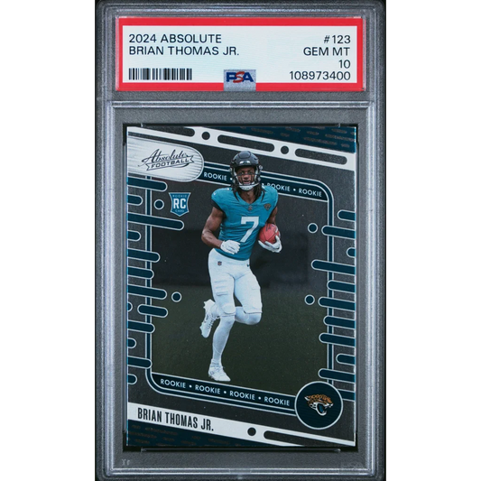 A graded 2024 Absolute Brian Thomas Jr. rookie football card in PSA case