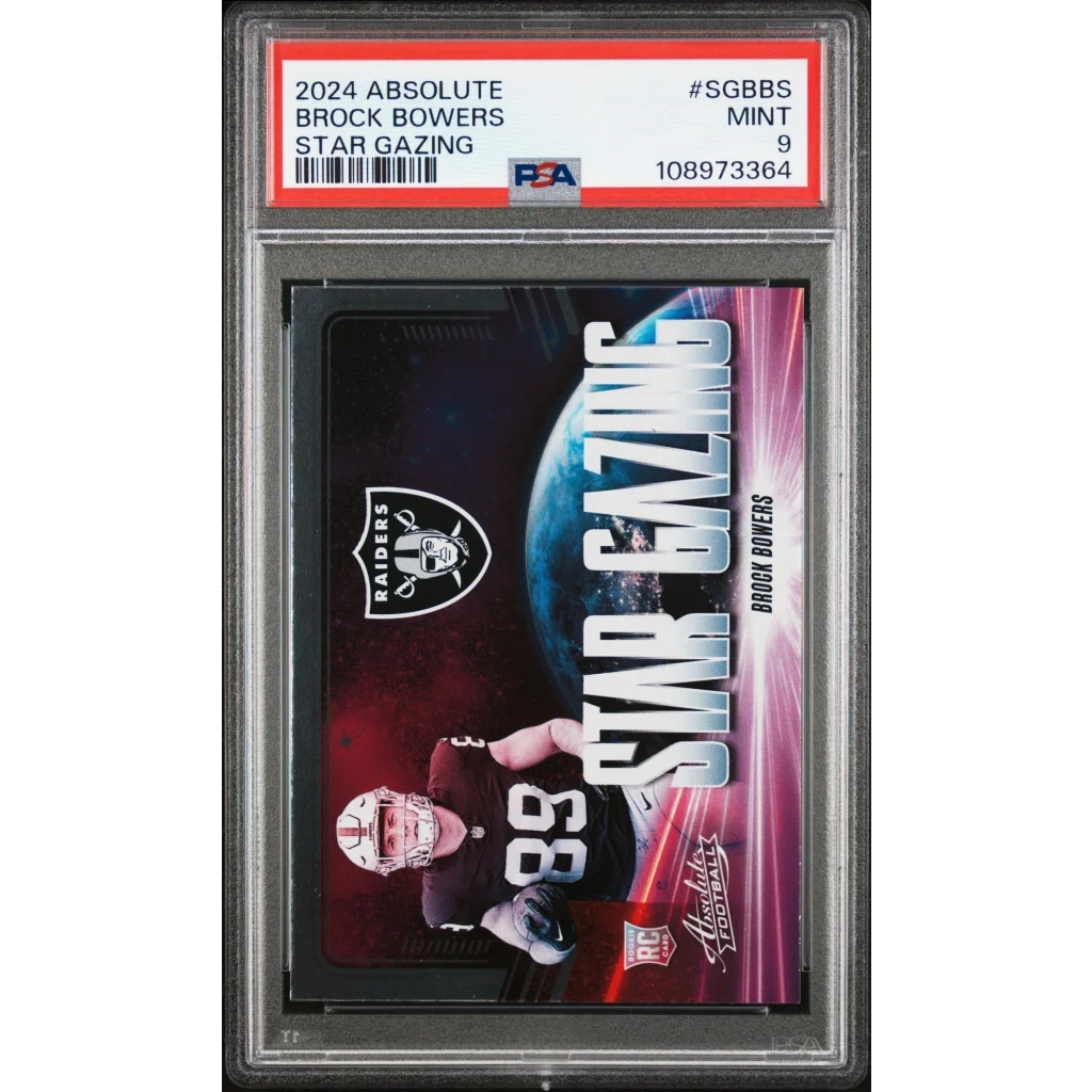 A graded 2024 Absolute Brock Bowers Star Gazing football rookie card in mint condition