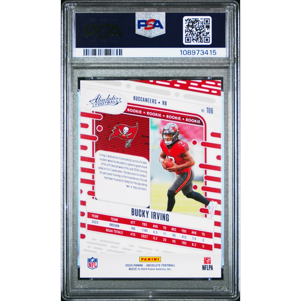 Graded 2024 Panini Absolute Bucky Irving #186 Rookie RC Football Card PSA 10 Gem Mint | PSA 10 Gem Mint Graded Rookie Card | vintageantiquesgifts.com