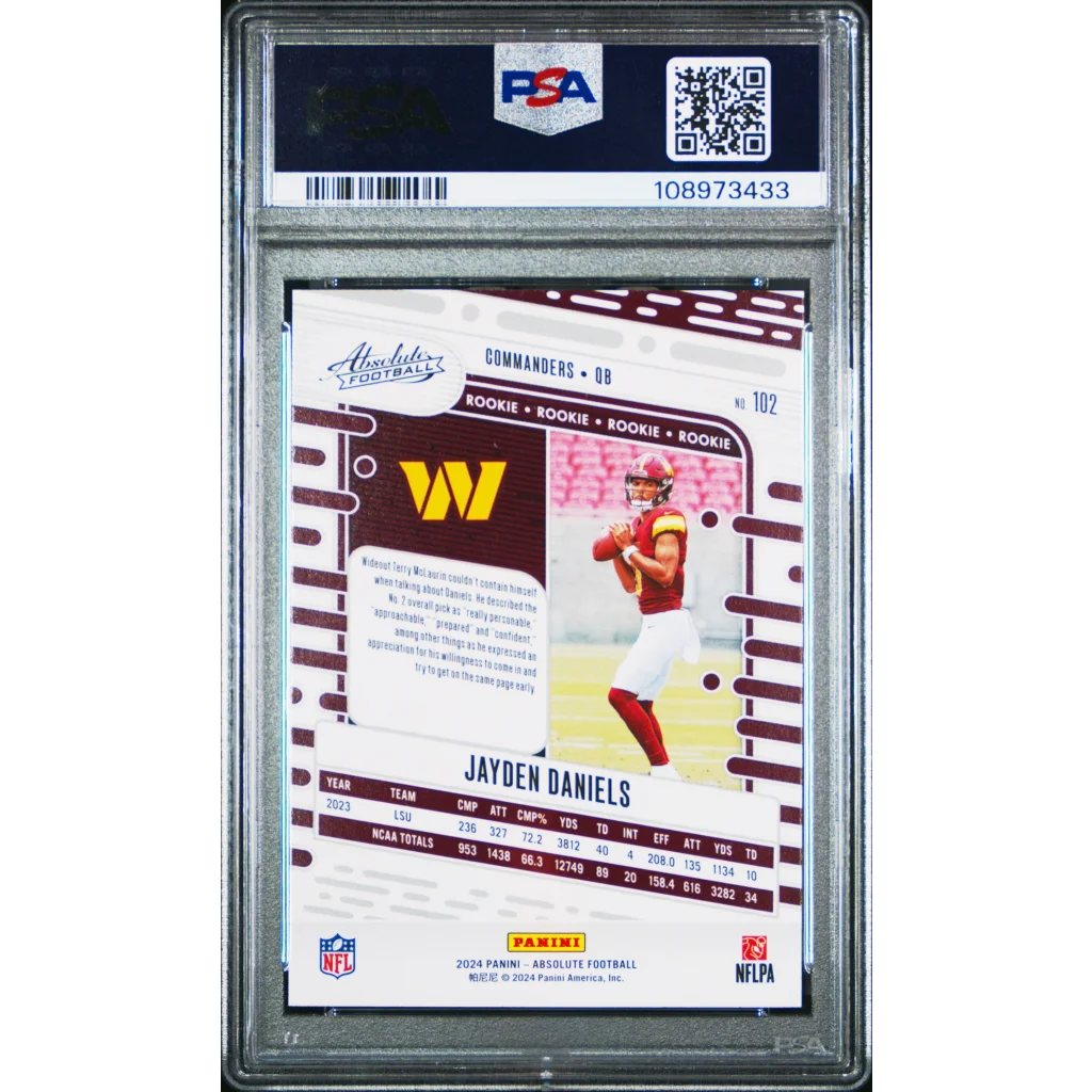 Graded 2024 Panini Absolute Jayden Daniels #102 Black Rookie RC Football Card PSA 10 Gem Mint | PSA 10 Gem Mint Graded Rookie Card | vintageantiquesgifts.com