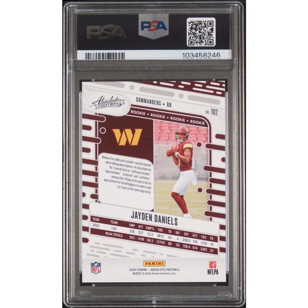 Graded 2024 Panini Absolute Jayden Daniels #102 Rookie RC Football Card PSA 10 Gem Mint | PSA 10 Gem Mint Graded Rookie Card | vintageantiquesgifts.com