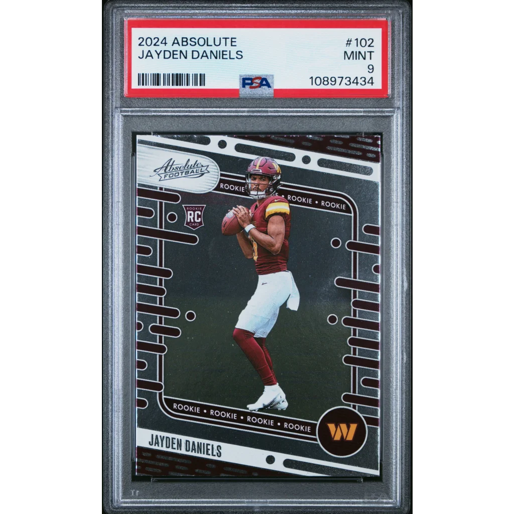 PSA graded 2024 Absolute Jayden Daniels rookie football card on display