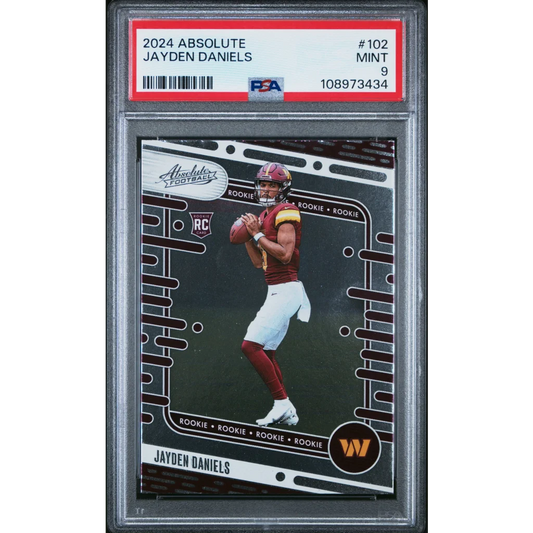 PSA graded 2024 Absolute Jayden Daniels rookie football card on display