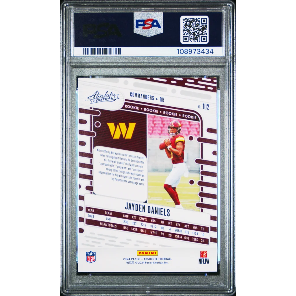 PSA graded Jayden Daniels 2024 Absolute rookie football card on display
