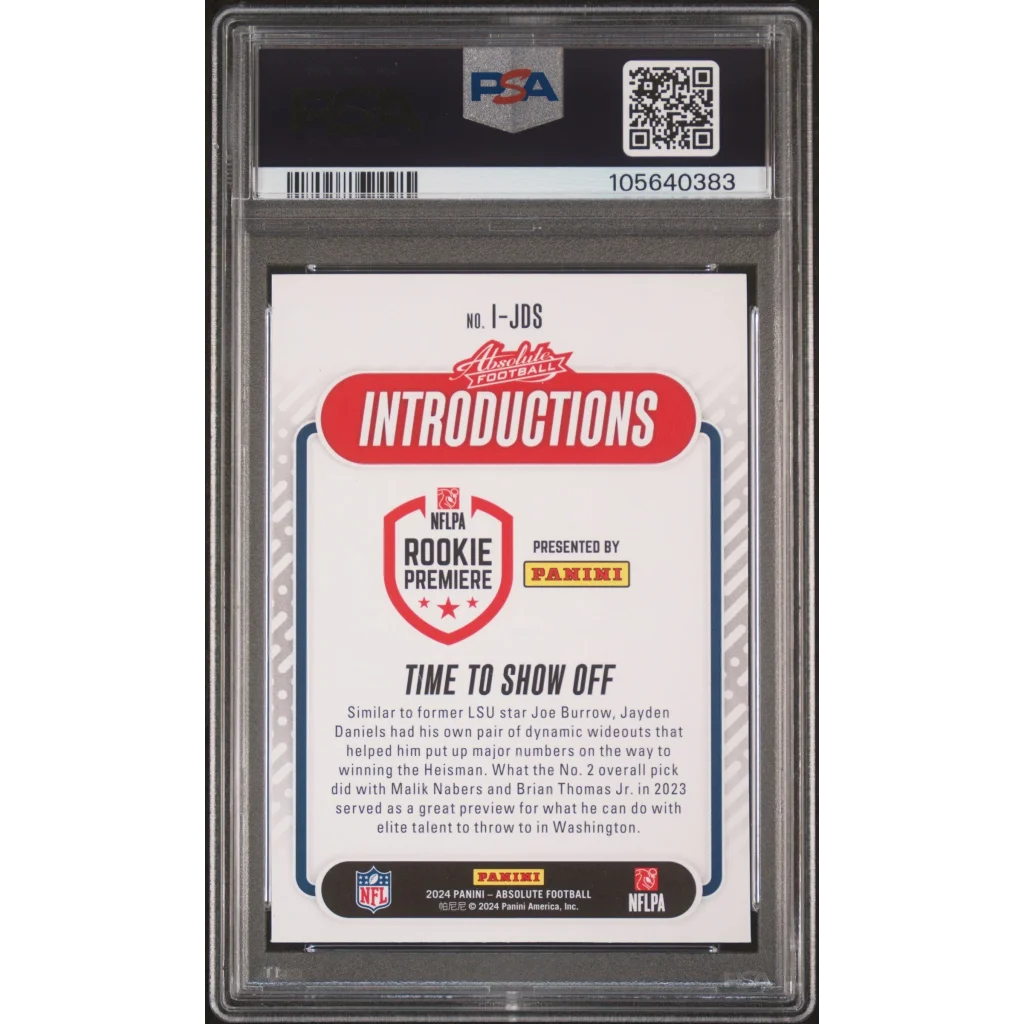 PSA graded 2024 Absolute Jayden Daniels rookie football trading card on display