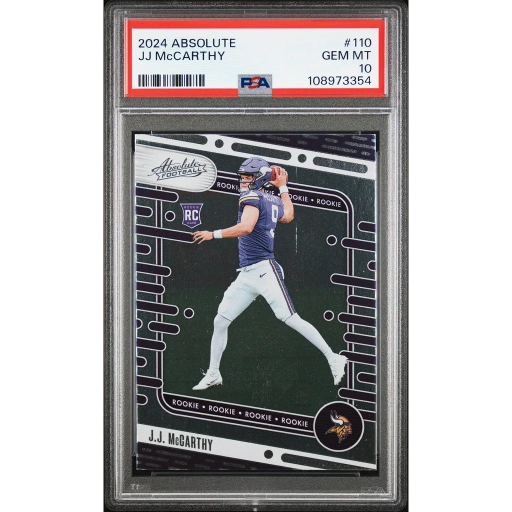 A graded 2024 Absolute JJ McCarthy rookie football card in PSA Treasure display