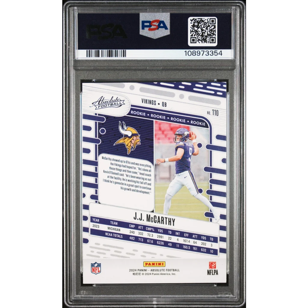 Graded 2024 Panini Absolute JJ McCarthy #110 Rookie RC Football Card PSA 10 Gem Mint | PSA 10 Gem Mint Graded Rookie Card | vintageantiquesgifts.com
