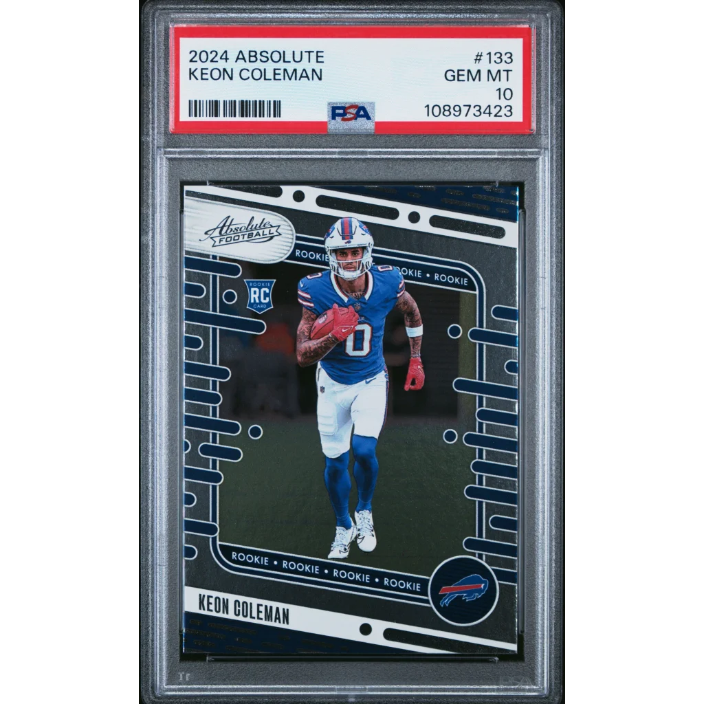 A graded 2024 Absolute Keon Coleman rookie football card in PSA case