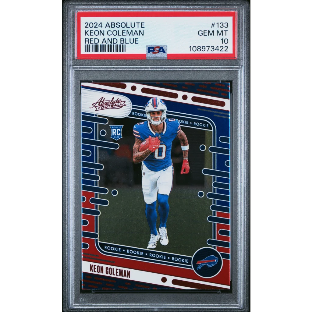 A graded 2024 Absolute Keon Coleman Buffalo Bills rookie card in red and blue