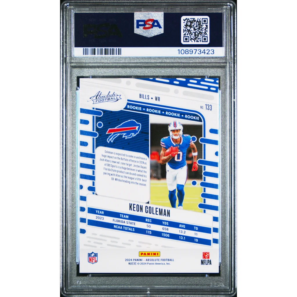 A graded Keon Coleman 2024 Absolute rookie football card in PSA case