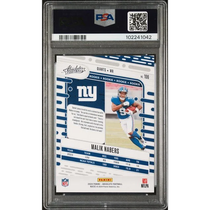 Encased Malik Nabers Rookie Football Card in PSA Graded holder showing authenticity and condition