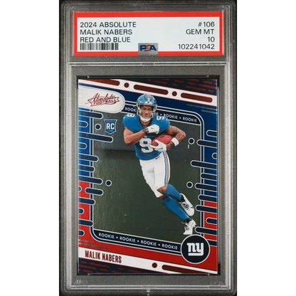 Graded 2024 Panini Absolute Malik Nabers #106 Red and Blue Rookie RC Football Card PSA 10 Gem Mint | Hall of Fame Sports Memorabilia | vintageantiquesgifts.com