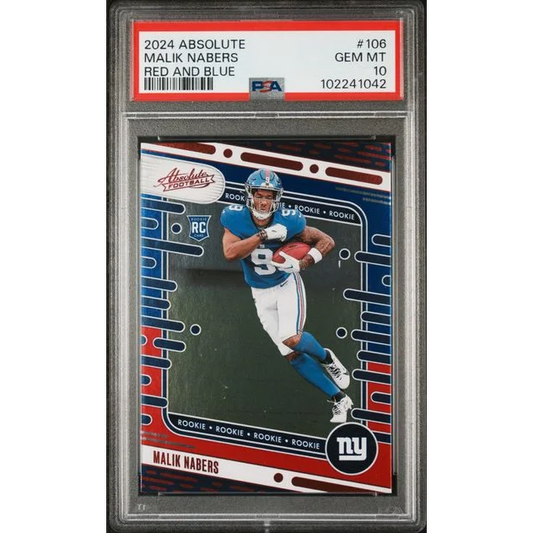 Graded 2024 Panini Absolute Malik Nabers #106 Red and Blue Rookie RC Football Card PSA 10 Gem Mint | Hall of Fame Sports Memorabilia | vintageantiquesgifts.com
